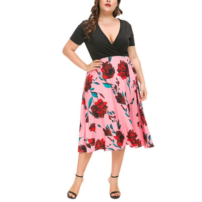

Womens V-Neck Summer Ruched Casual Patchwork Printed Short Sleeve Midi Dress