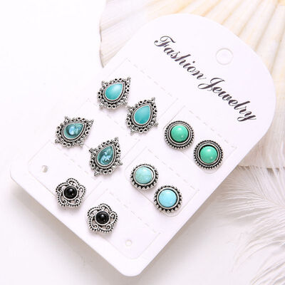 

5 pairs Punk Red Gem Stone Earring Sets Brincos Vintage Triangle Ear Stud Earrings Wedding Jewelry For Women boucle doreille