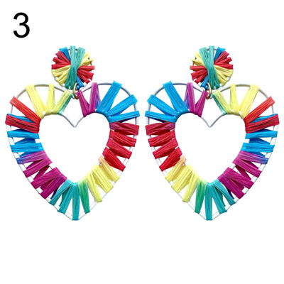 

Boho Beach Women Rainbow Raffia Rattan Hollow Heart Drop Statement Stud Earrings