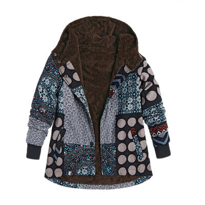

Loose Casual Hooded Winter Coats Women Fleece Ethnic Style Pockets Jacket