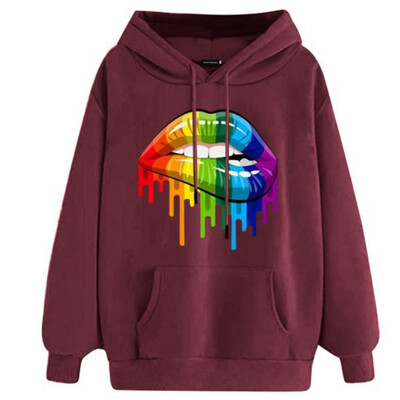 

Autumn Winter Fashion Casual Women Rainbow Candy colors Lip print Loose Hooded Long sleeve Sweatshirt