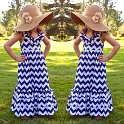 

Cool Fashion Backless Kids Girls Wave Stripe Maxi Long Sundress Boho Dress Skirt