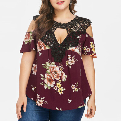

Roseonmyhand Summer Womens Fashion Casual Print Lace V-Neck Tops Shirt