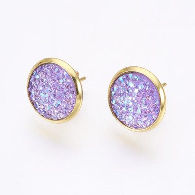 

Resin Stud Earrings with Golden Tone 304 Stainless Steel Findings Flat Round Druzy Resin MediumPurple 14515mm Pin 07mm