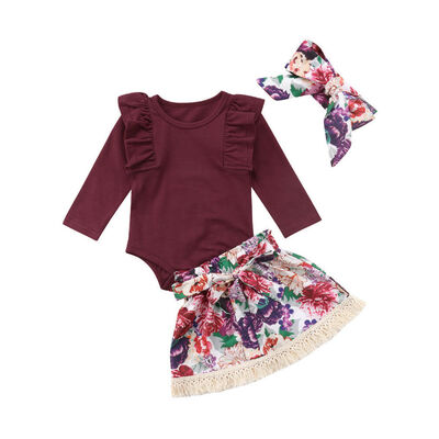 

Toddler Baby Girls Flower Tops Romper Skirts Dress Headband Outfit Set