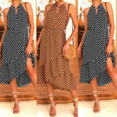 

Boho Women Summer Holiday Polka Dot Maxi Dress Halter Neck Long Dress Size -XL