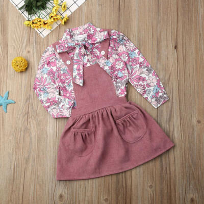 

US Newborn Baby Girl Kids Floral Printed Shirt Strap Dress Autumn Clothes Sets