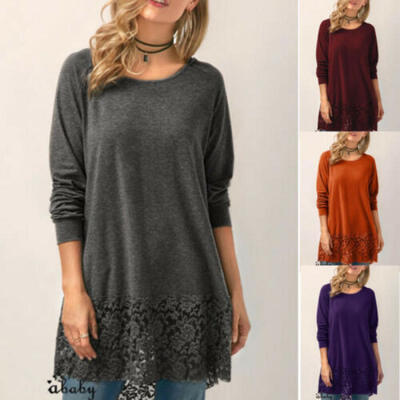 

Plus Size Women Long Sleeve Loose Cotton Blouse Shirt Lace Tops T-shirt -3XL