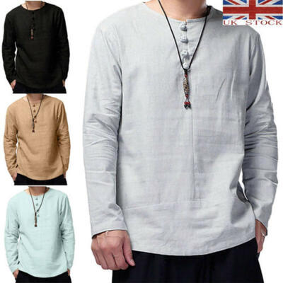 

UK Mens Linen Casual Round Neck Shirt Long Sleeve Cool Loose Shirts Tops T-Shirt