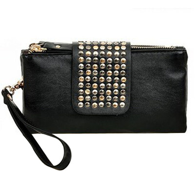 

Women PU Leather Fashion Black Rivet Handbag Clutch Bag Zipper Long Wallet