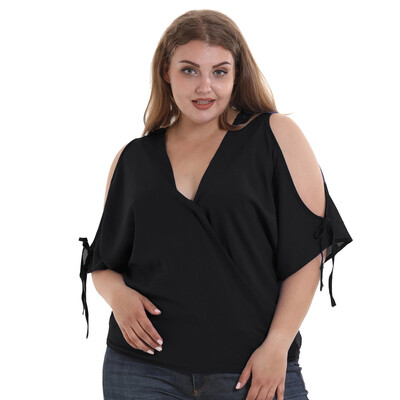 

Nomeni Womens Short Sleeve Off Shoulder Strap Bow Large Size Chiffon Blouse T-Shirt