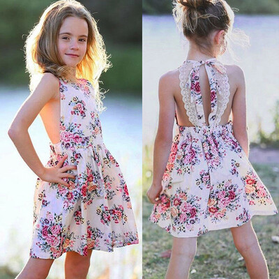 

Summer Toddler Baby Girls Sleeveless Floral Print Backless Lace Clothes Dresses