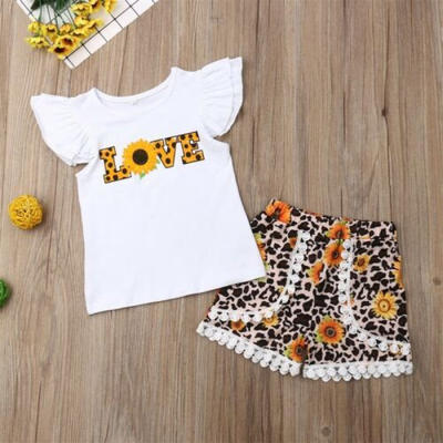 

UK Toddler Kids Baby Girl Sunflower Shirt Top Leopard Shorts Outfits Clothes Set