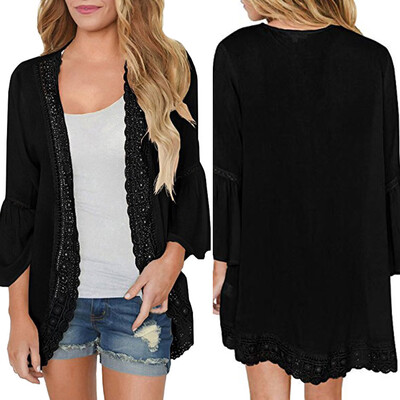 

Nomeni Womens Casual Solid Lace Long Sleeve Chiffon Cardigan Loose Kimono Blouse Tops