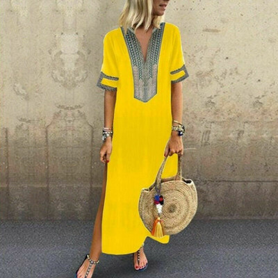 

New Womens Sleeveless Boho Party Casual Linen Kaftan Maxi Dress Long Dresses