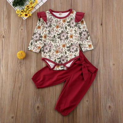 

Infant Baby Girls Long Sleeve Tops Romper Floral Pants Outfits Set Clothes 2PCS