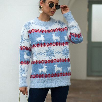 

Tailored Women Christmas Sweater Long Sleeve O-Neck Printed knitting Sweater Tops