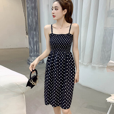 

Womens Dot Print Ruched Spaghetti Strap Sleeveless Chiffon Midi Dress