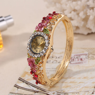 

Explosion retro cloisonne 3D flower open womens wrist watch ladies fashion luxury bracelet quartz watch