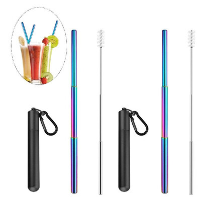 

Portable Collapsible Straw Reusable 304 Stainless Steel Metal Drinking 230MM Straws with Cleaning Brush & Climbing Hook