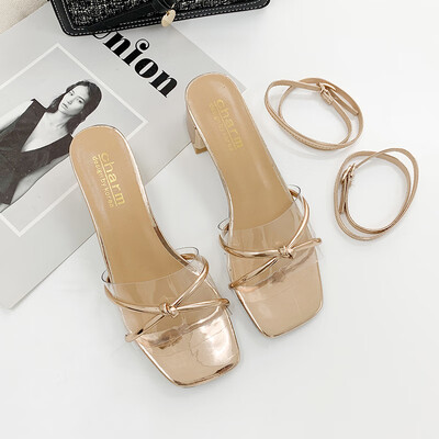 

Transparent Sand Womens New Summer 2018 Mid-heel Slide Late-Printed Shoes with Thick Heel Heel Fairy