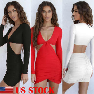 

Women Sexy Bodycon Long Sleeve Back Hollow Out Clubwear Party Casual Mini Dress