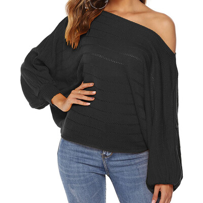 

Autumn Winter Fashion Women Knitted sweaters Sexy One word collar Strapless Shoulder Lantern sleeve Top