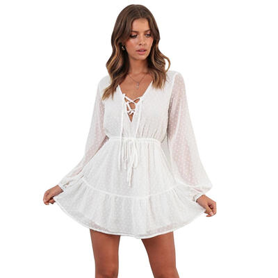 

Dot Print Dress Women Deep V Neck Bandage Tunic Long Sleeve Swing Dresses