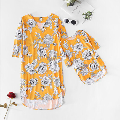 

Mommy＆Me Child Short Sleeve O-Neck Floral Printing Skirt Family Clothes Dress