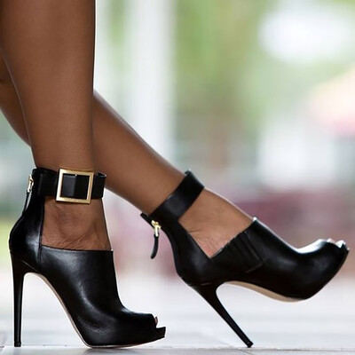 

Rose Women Boots Zip Pointed Peep Toe Super High Spike Heel Sexy Shoes Buckle Strap
