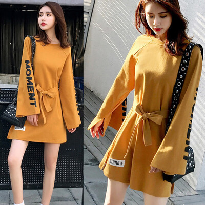 

Tailored Women Autumn Fashion Knee Length O-Neck Bandage Long Sleeve Loose Dress