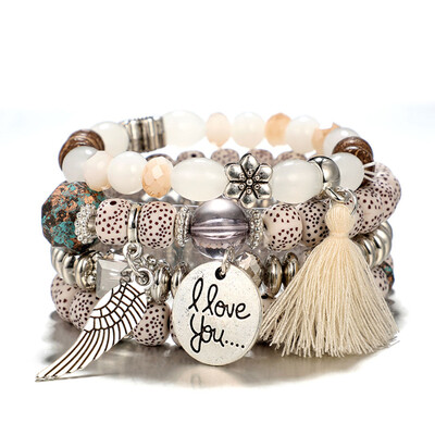 

Fashion Multilayer Natural Stone Crystal Bangle Wing Love Flowers Women Jewelry