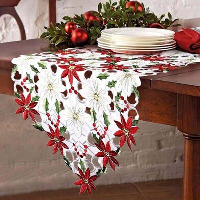

Tailored Christmas Embroidered Table Runner Poinsettia Holly Leaf Table Linens Decoration