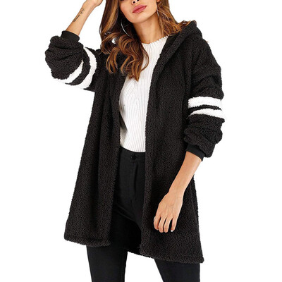 

Toponeto Womens Striped Warm Plush Open Front Long Trench Coat Cardigan Outerwear Jacket