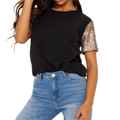 

Fashion Sequins Splicing Tops Women Summer O-neck Short Sleeve T-shirts