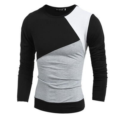 

Mens Casual Tee Shirt Patchwork Slim Stitching Tops Fashion O-Neck Design Long-sleeved Cool T-shirt