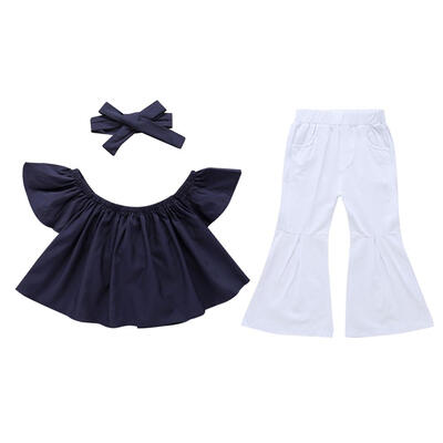 

2pcs Baby Solid Color Pleated Girls Kids Summer O-neck TopsWide Leg Pants