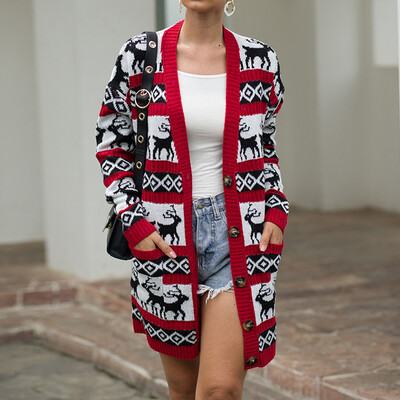 

Tailored Women Christmas Elk Print Sweater Winter Long Sleeve Outwear Overcoat Coats
