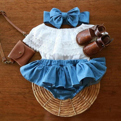 

Newborn Baby Girl Outfit Lace Ruffled TopDemin Shorts DressHeadband Clothes