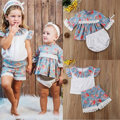 

2PCS Toddler Baby Kids Girls Sisters Floral Lace Dress Tops Shorts Outfits Set