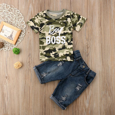 

Toddler Kids Baby Boys Summer Camo Top T shirt Denim Pants Outfit Set Clothes