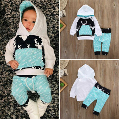 

2PCS Sets Toddler Kid Baby Boy Girl Reindeer Hooded Top Long Pant Outfit Clothes