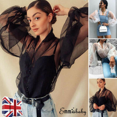 

UK Women See-through Sheer Mesh Dot Blouse Puff Long Sleeve T-shirt Tops Shirts