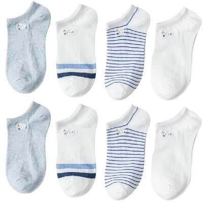 

4 PairsKit Women Sheep Pattern Embroidery Cotton Low Cut Ped Boat Socks Washable Casual Ankle Sock Soft&Comfortable
