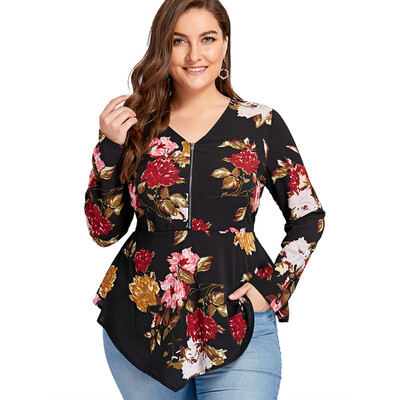 

Plus Size Half Zipper Floral Asymmetric Long Sleeve Blouse