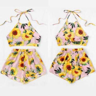 

US Summer Toddler Kid Baby Girl Clothes Sunflower Halter TopsShorts Outfit 0-3T