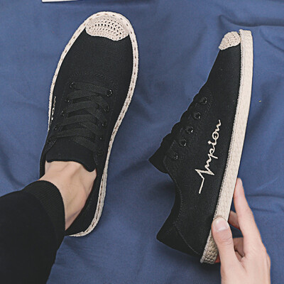 

2019 new summer canvas casual tide shoes cloth lazy mens shoes breathable fisherman linen straw braided spirit guy