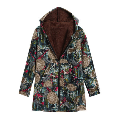

Toponeto Plus Size Women Hooded Long Sleeve Cotton Linen Fluffy Fur Zipper Coat Outwear