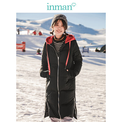 

INMAN 2018 winter new hit color hooded drawstring side open long down jacket female 18831VP21074 black XL