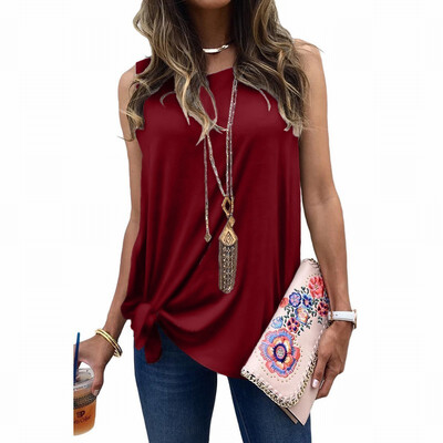 

Solid color bottoming knit vest T-shirt womens round neck sleeveless knotted top
